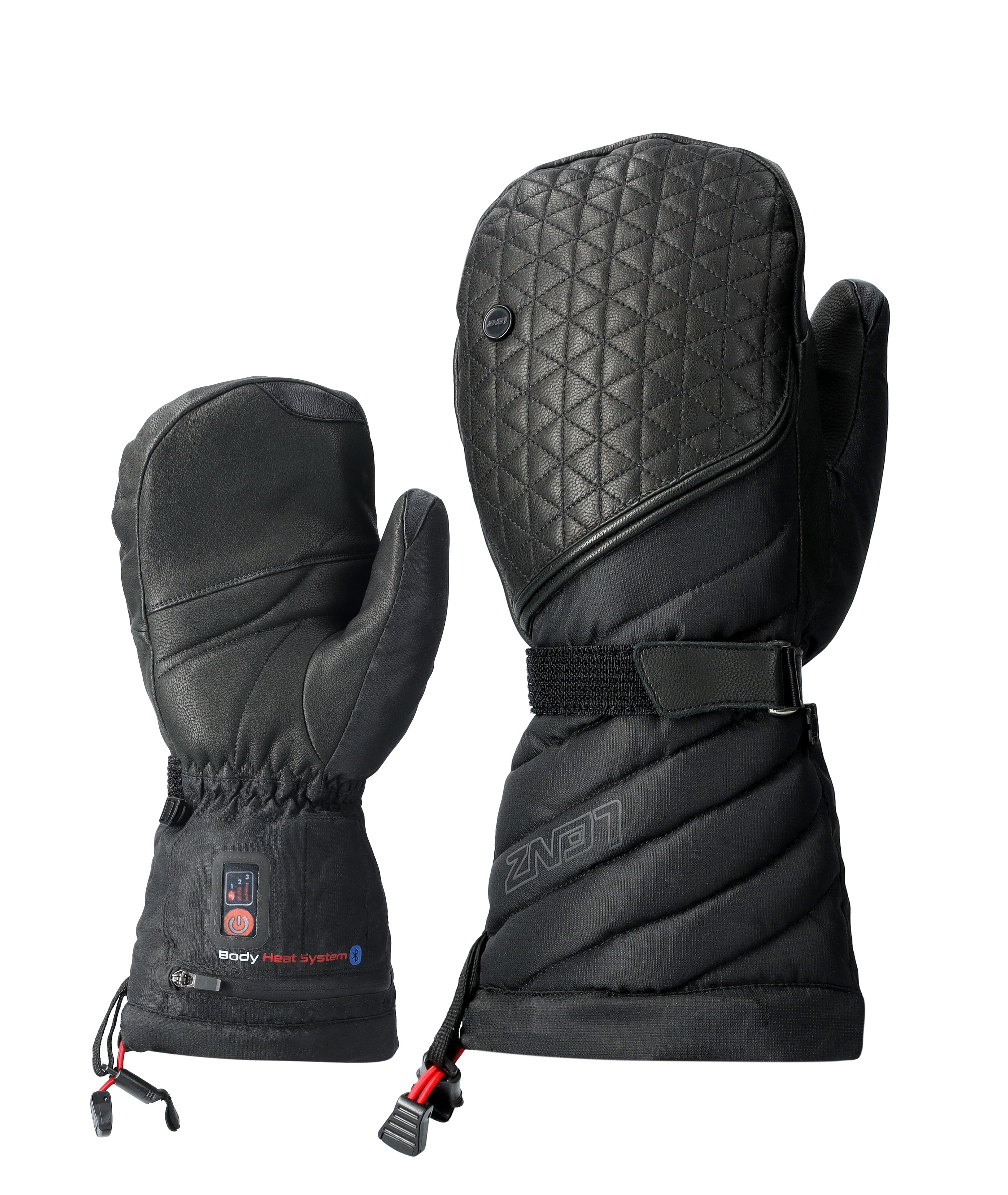 Pair of black LENZ Heat Mitt 6.0 heated ski mittens with quilted backs and leather palms, front view