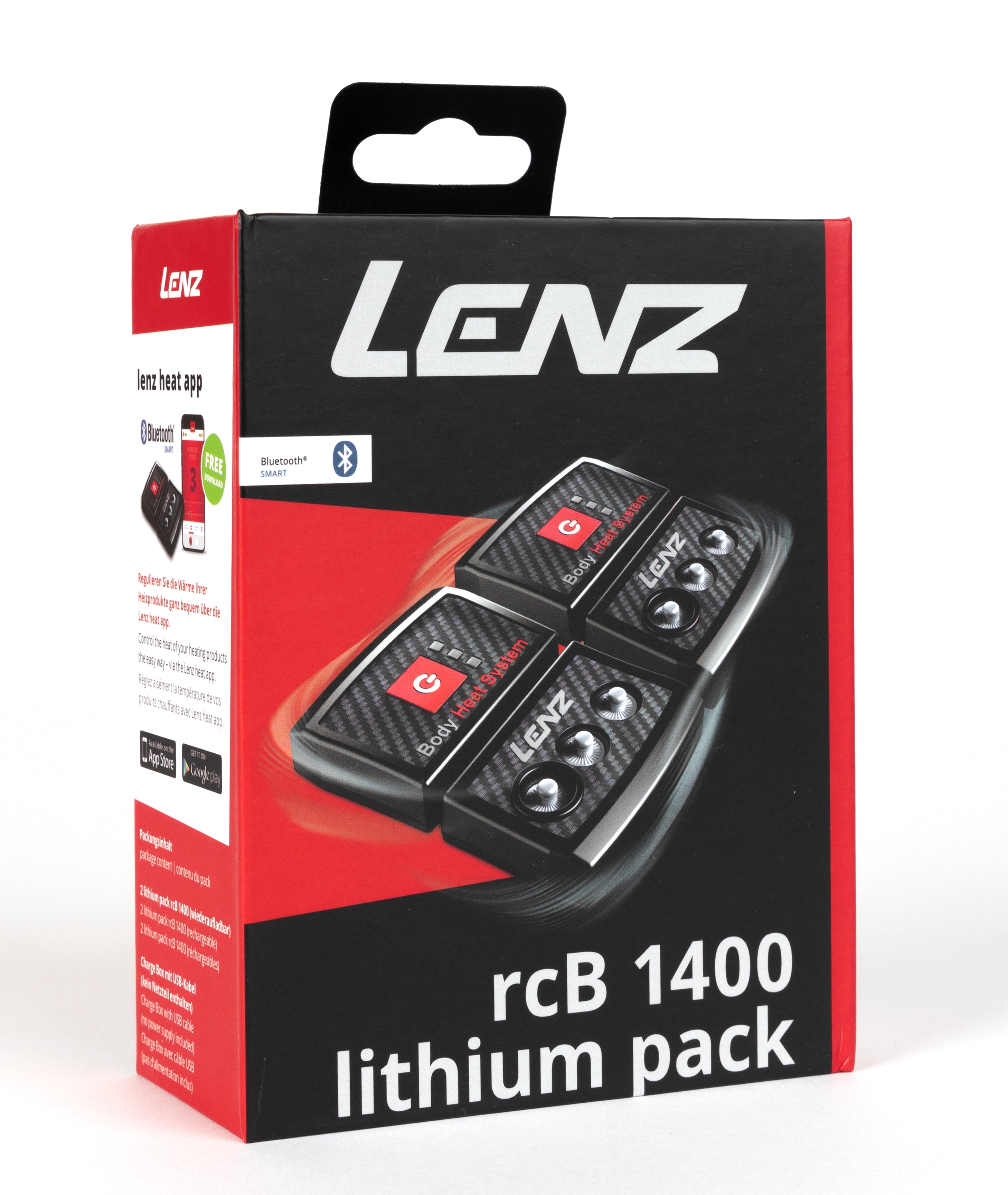 Red and black LENZ rcB 1400 lithium pack retail box showing two battery packs and Bluetooth Lenz Heat App