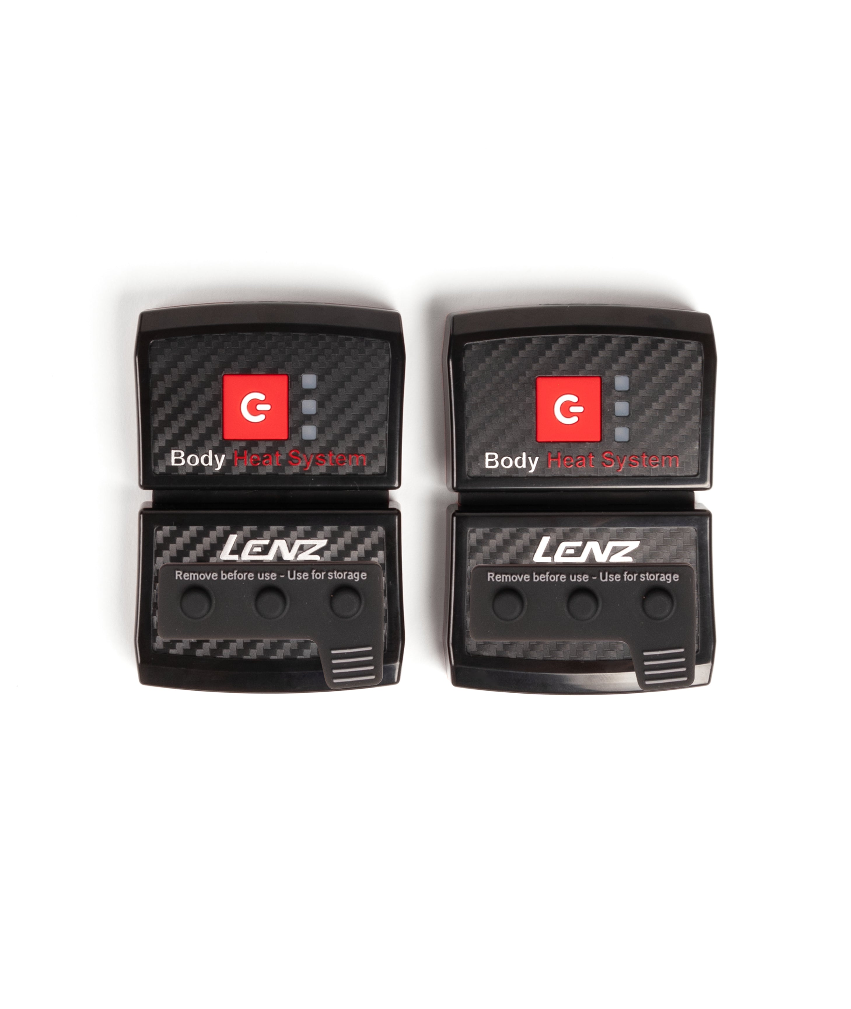 Two black LENZ rcB 1400 battery packs, Body Heat System fronts with power buttons and separate storage caps, top view