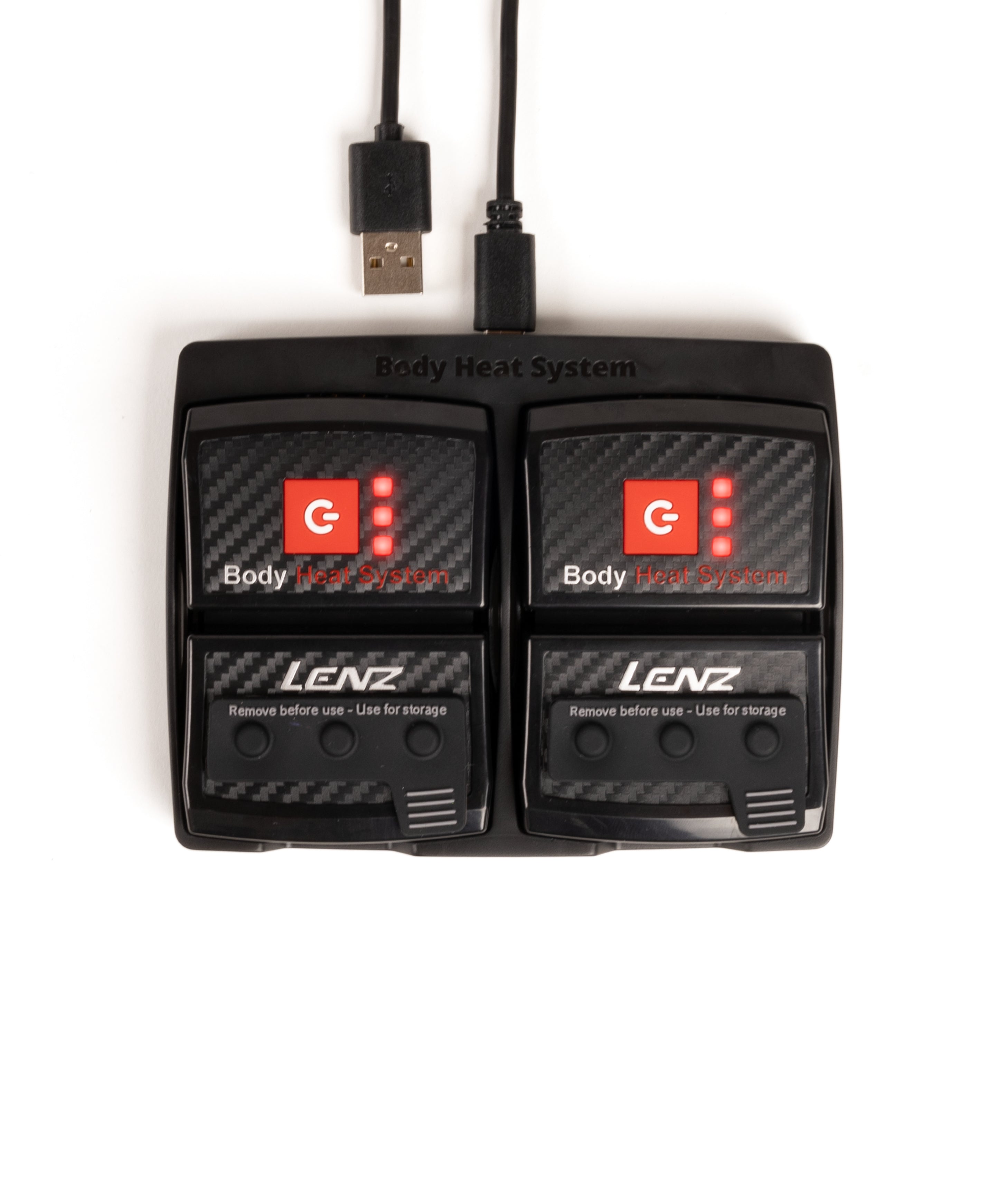 Two black Lenz rcB 2000 battery packs with USB-C cable, red power buttons and charge lights, top view