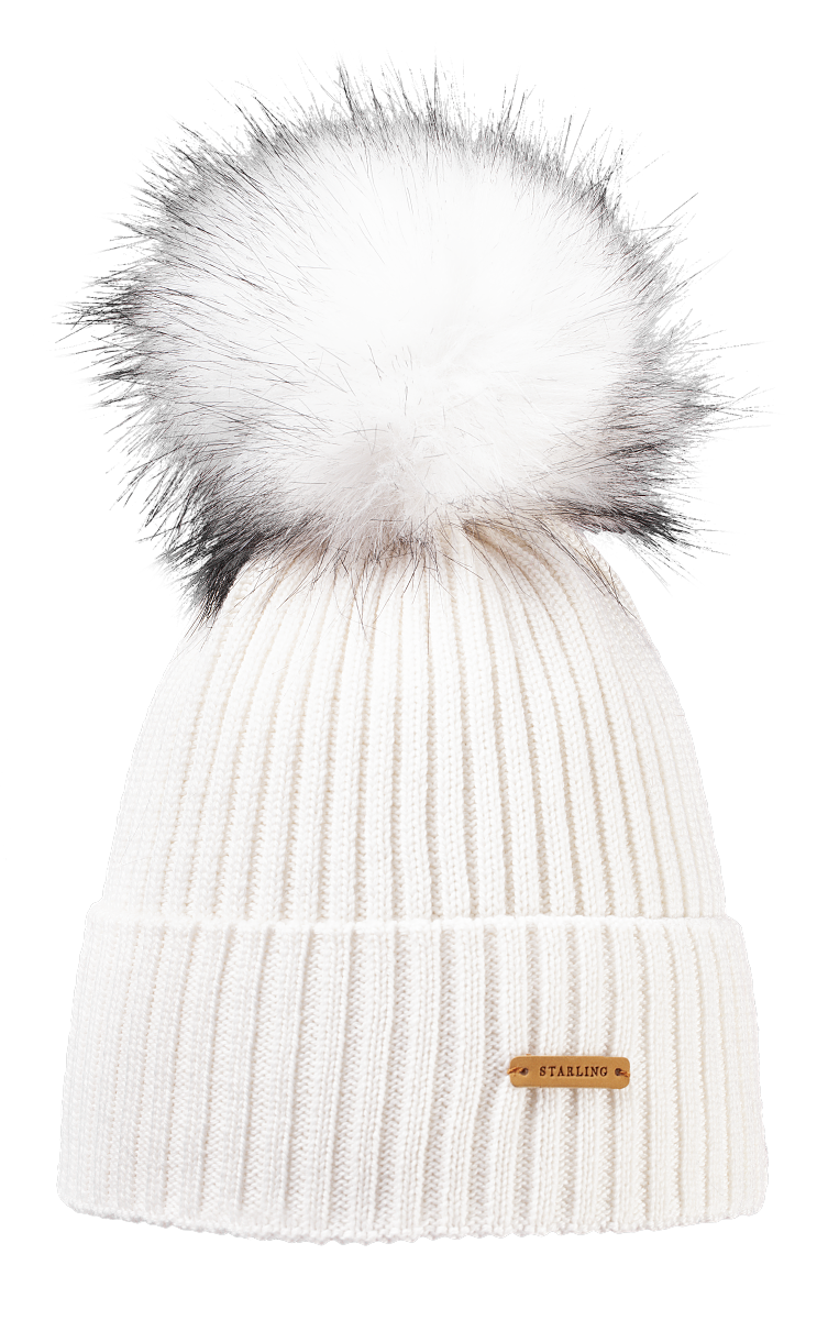 White Starling Neil merino wool ribbed beanie with a removable white fur pompom