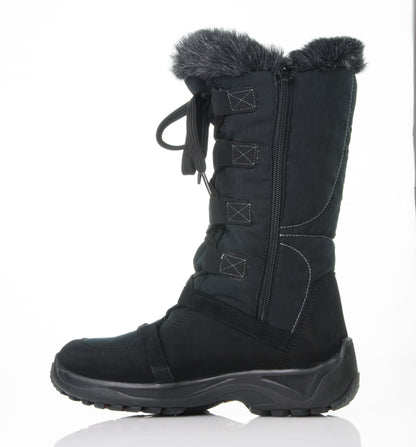 Attiba Venice Women’s Après Snow Boot Black Fur showing side zipper and lace-up design
