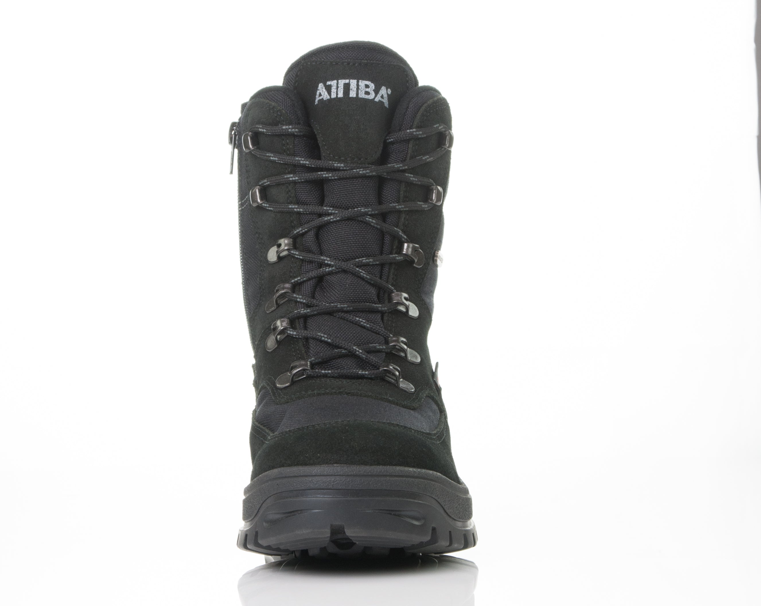 Black Attiba Eiger 2 men's snow boot, front view showing laces and Attiba logo on the padded tongue