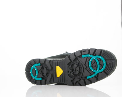 Black Attiba Eiger 2 men's boot sole with teal traction spikes fully deployed for ice grip, bottom view