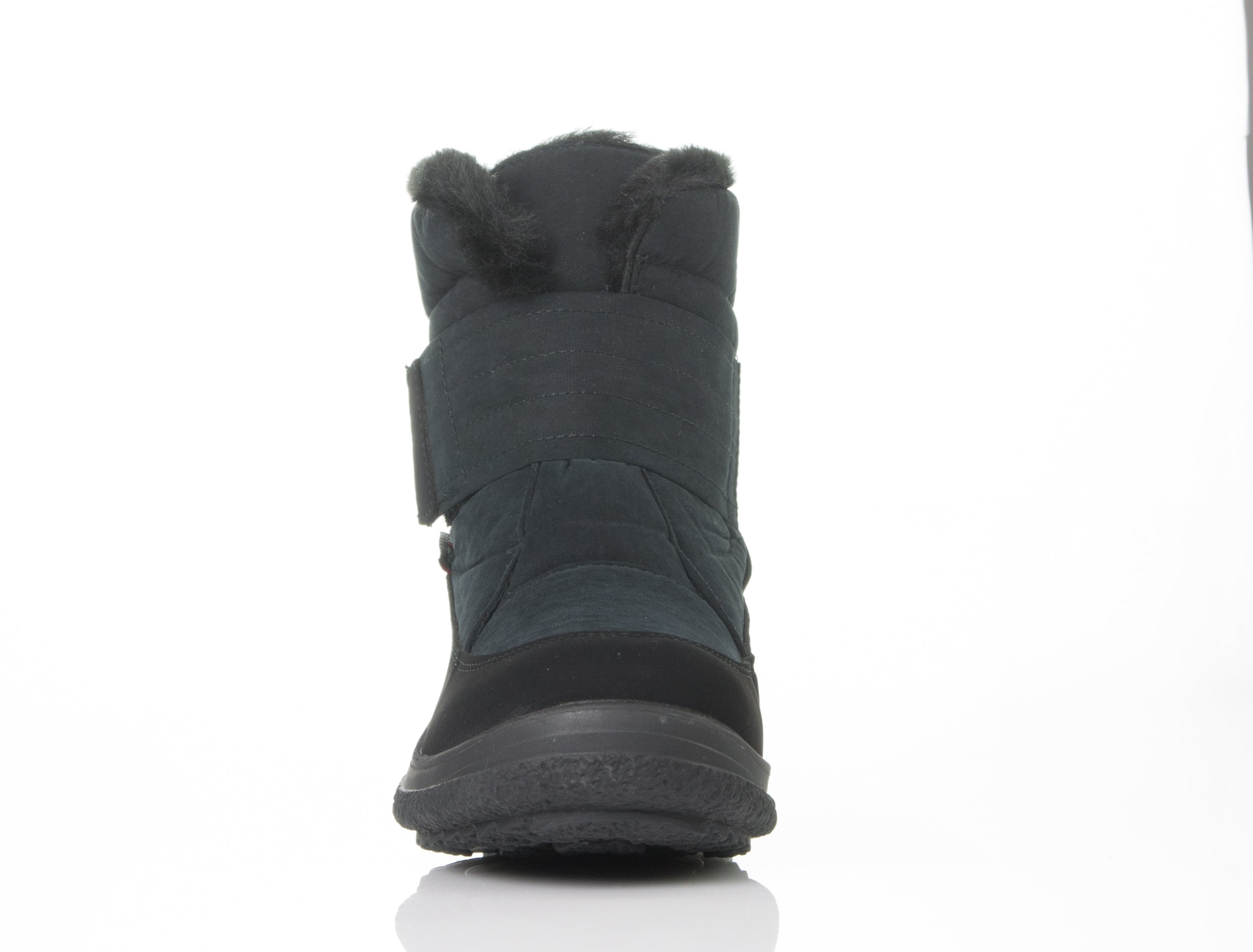 Black Attiba women's snow boot with faux-fur collar and velcro strap, front-on view