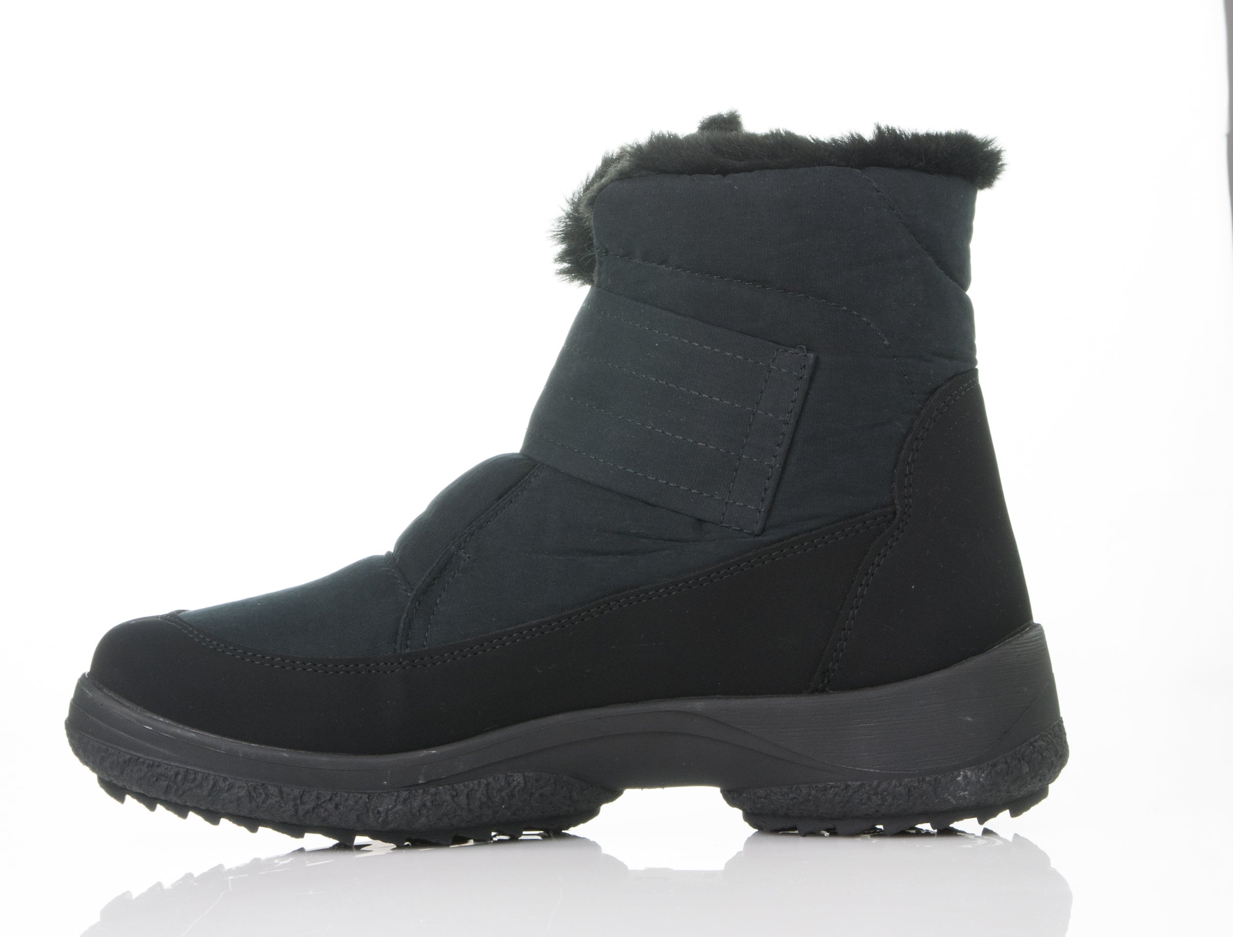 Black Attiba women's snow boot with insulated fur-lined collar, opposite side profile view