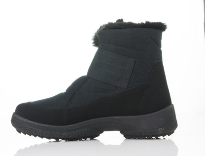 Black Attiba women's snow boot with insulated fur-lined collar, opposite side profile view