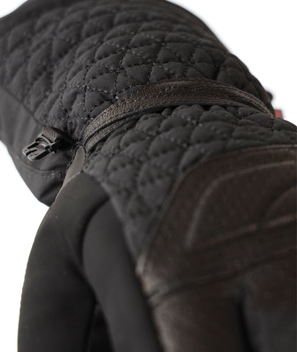 Black LENZ Heat Glove 6.0 heated glove quilted gauntlet cuff with zip pull, close-up detail