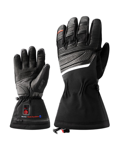 Pair of black LENZ Heat Glove 6.0 heated ski gloves with gauntlet cuffs and quilted leather backs, front view