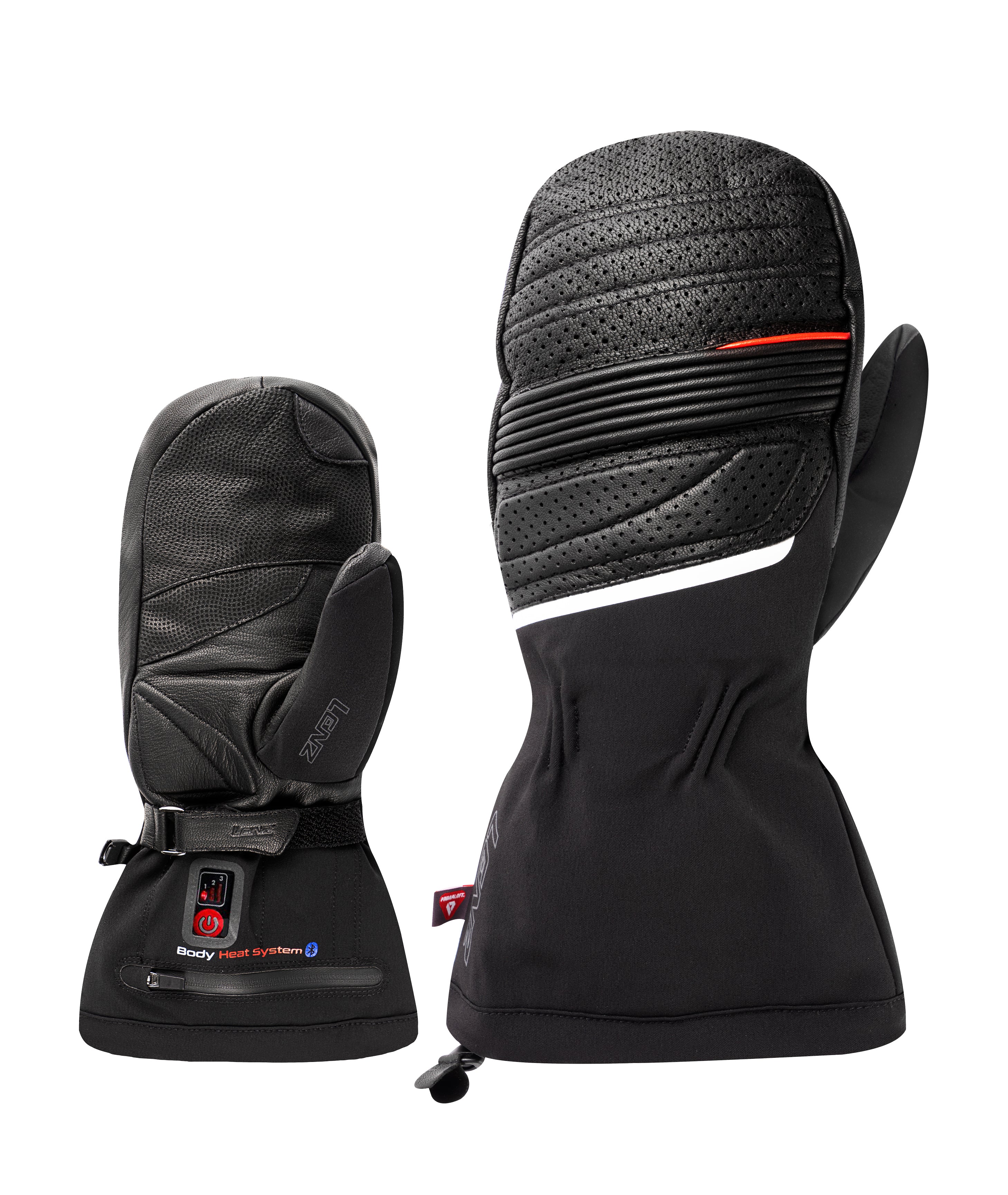 Pair of black LENZ Heat Mitt 6.0 heated ski mittens, one showing the quilted back, one the leather palm, front view