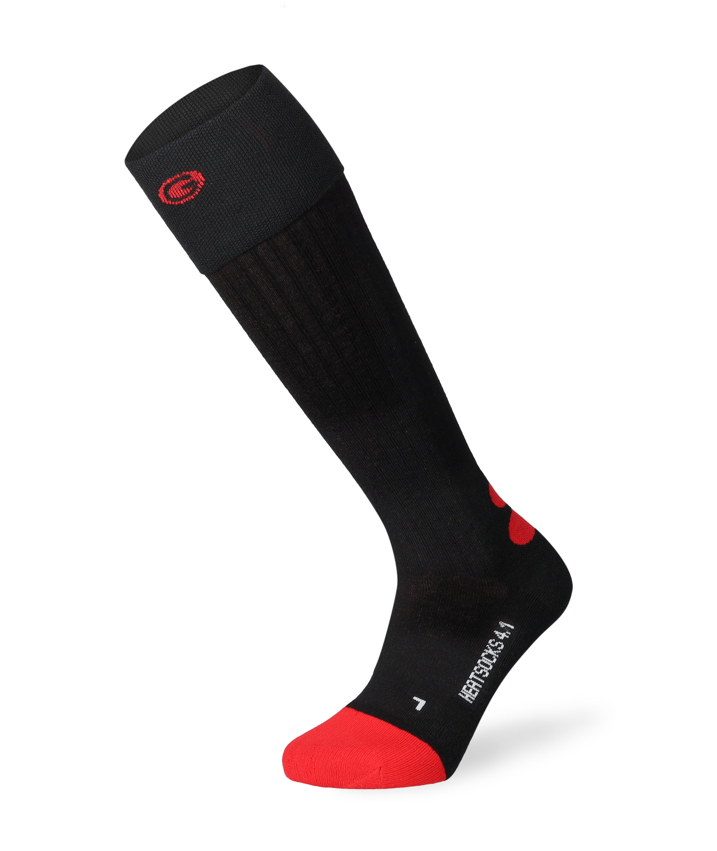 Black LENZ Heat Sock 4.1 Toe Cap knee-high heated ski sock with a red toe and red logo, side view