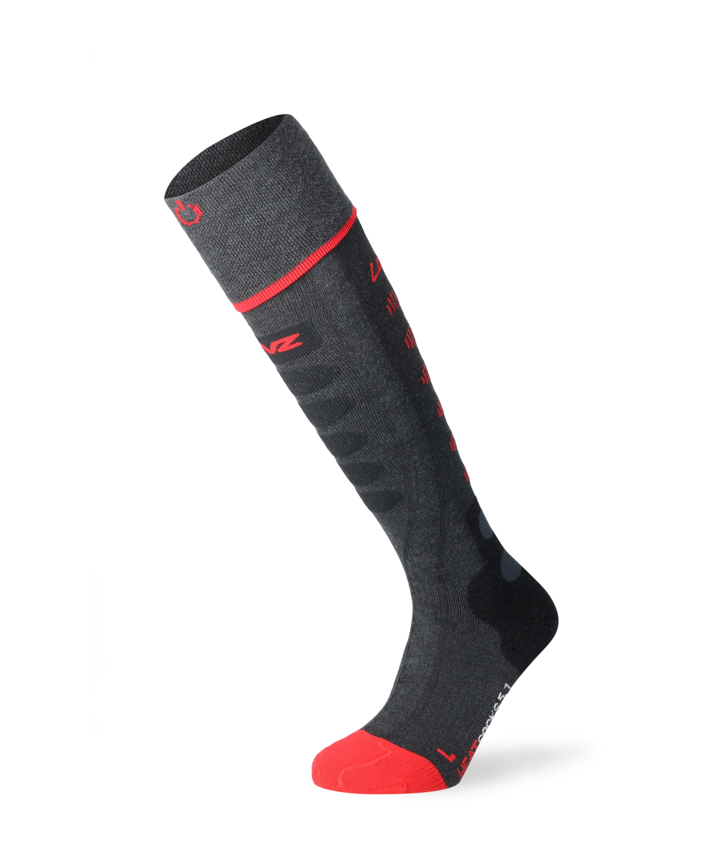 Grey melange Lenz heat sock 6.1 toe cap compression with red stripes and toe accent, side view