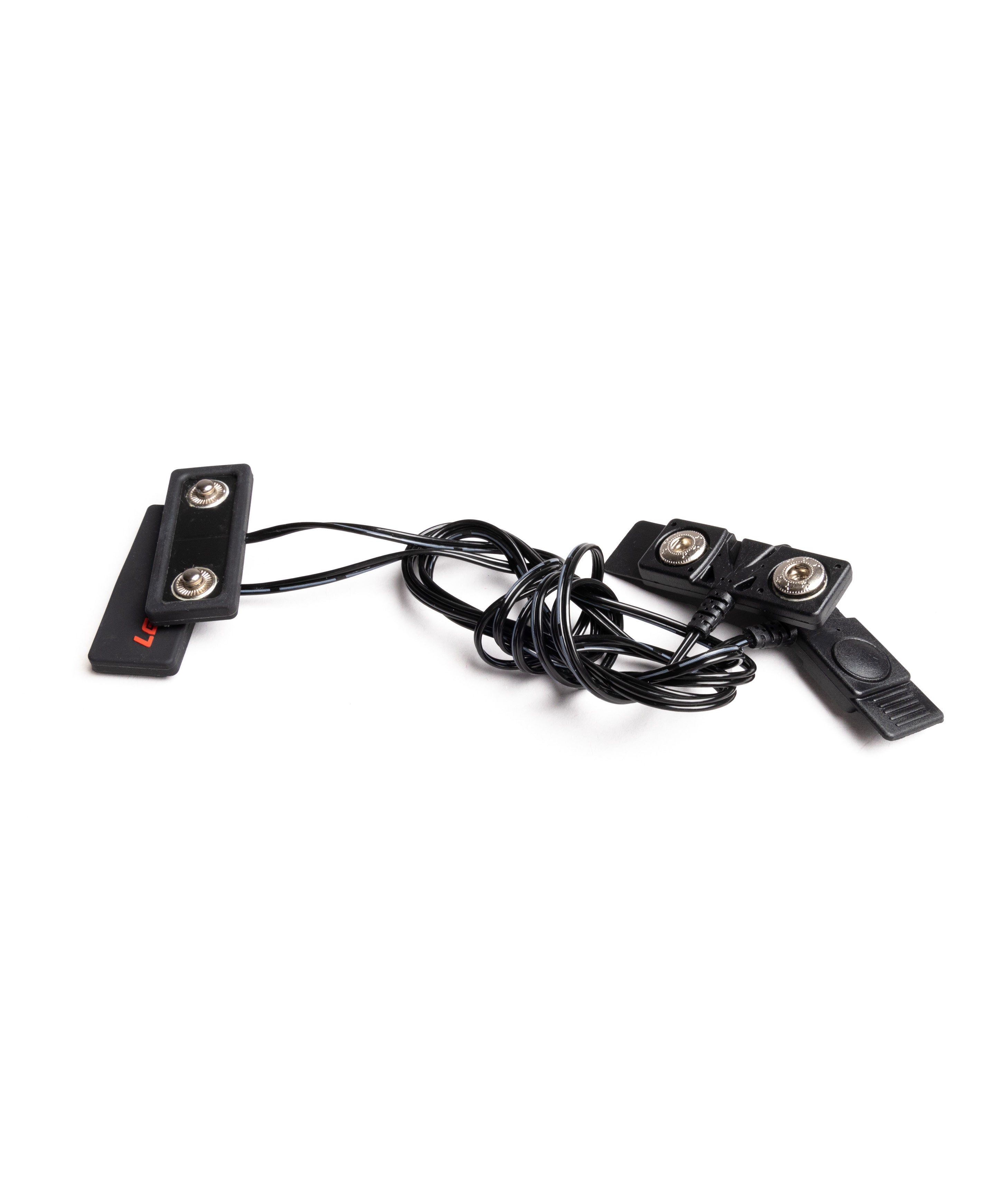 Back view of the LENZ heat sock battery extension cable showing the snap-button connectors and coiled cord