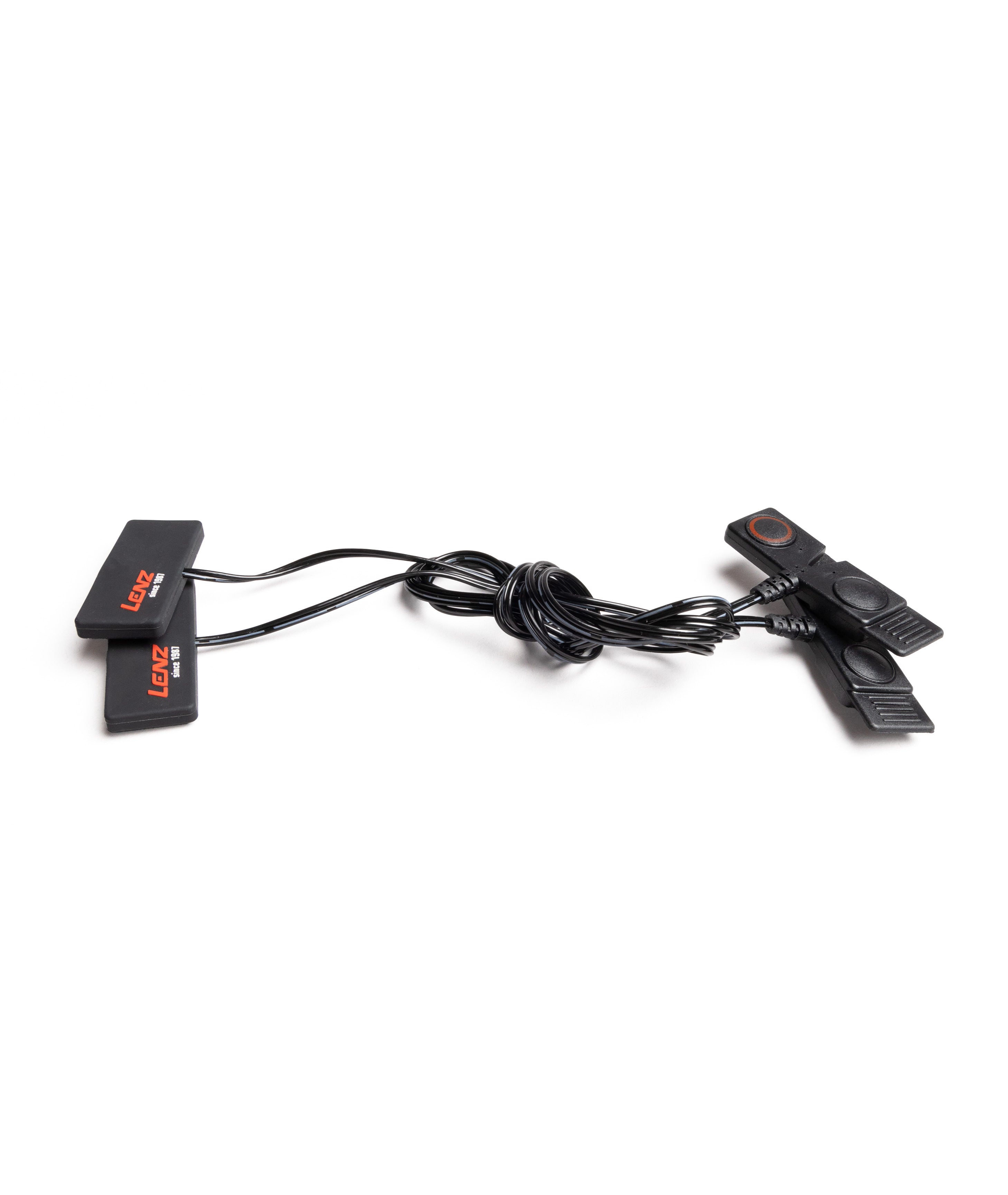 LENZ heat sock battery extension cable with black snap-button connectors and a coiled cord on a white background