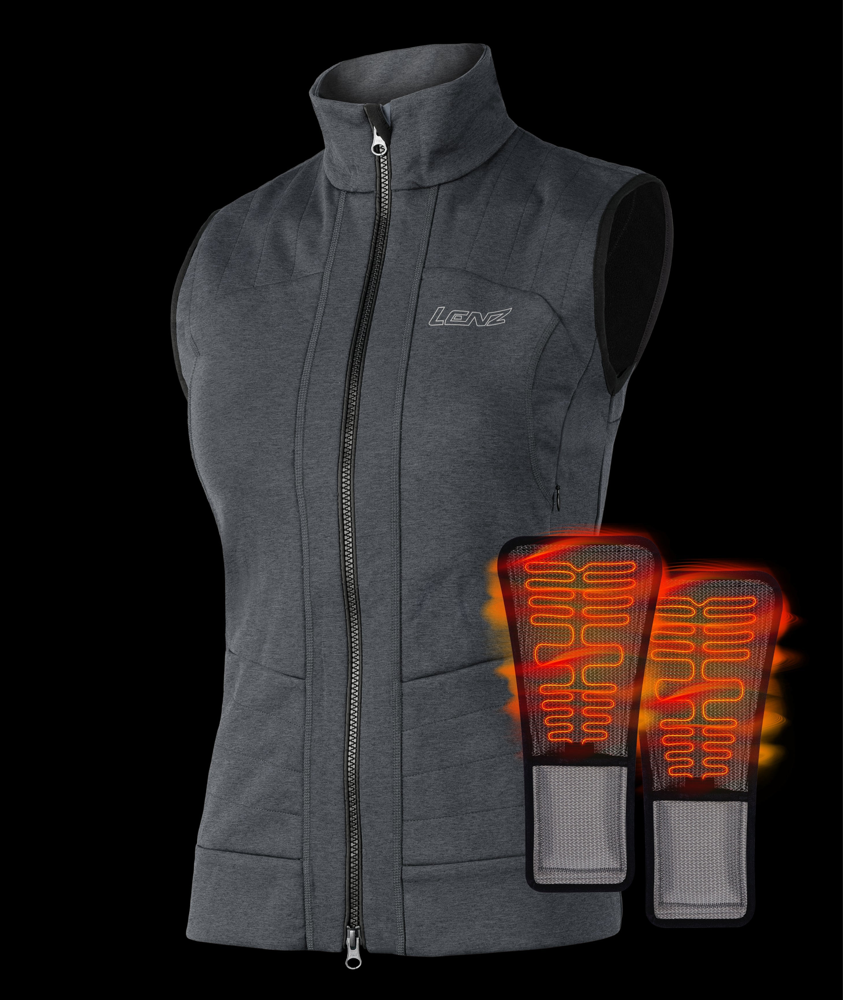 Charcoal grey LENZ Heat Vest 2.0 women's heated vest, front view with heat pads and a warmth graphic