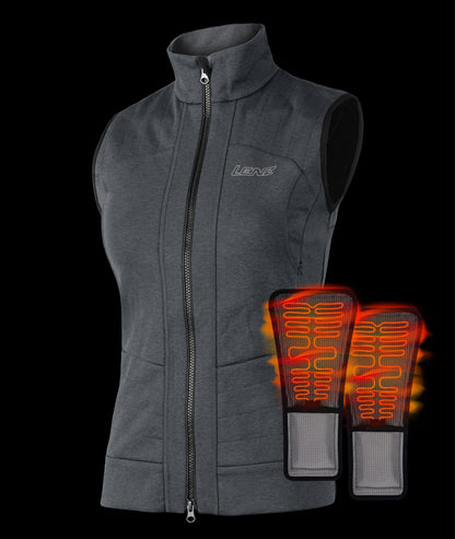 Charcoal grey LENZ Heat Vest 2.0 women's heated vest, front view with heat pads and a warmth graphic