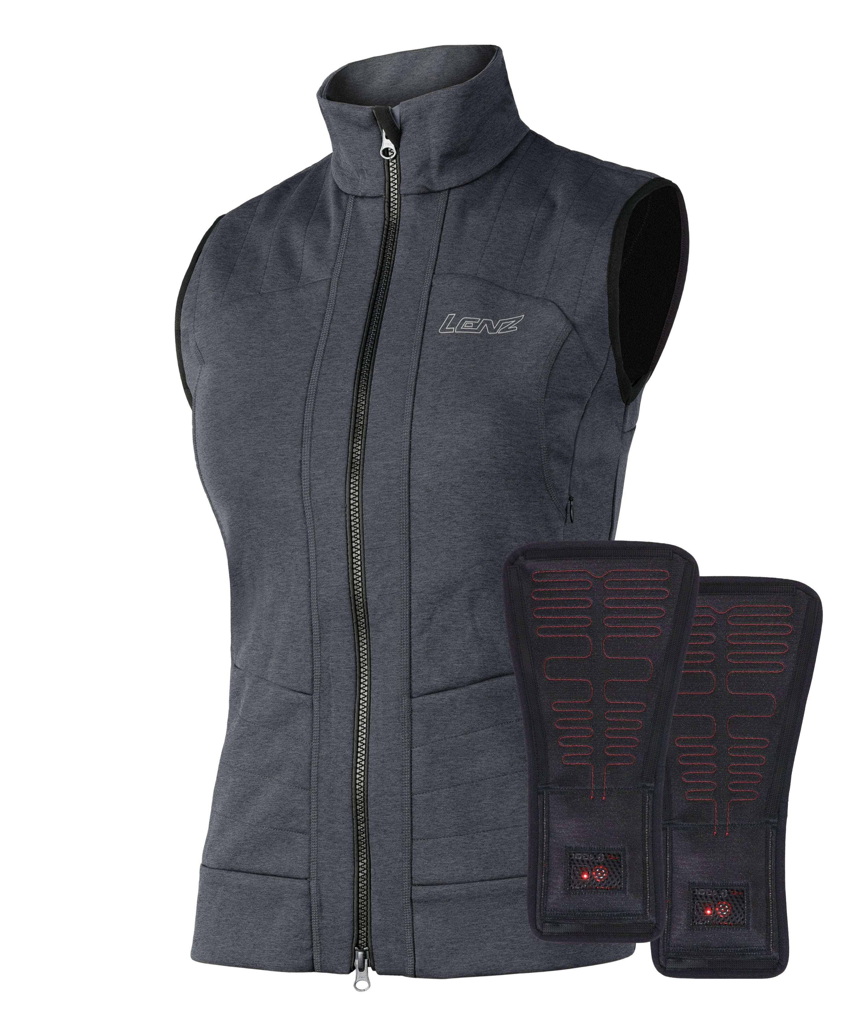 Charcoal grey LENZ Heat Vest 2.0 women's heated vest, front view with two black removable heat pads
