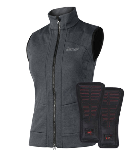 Charcoal grey LENZ Heat Vest 2.0 women's heated vest, front view with two black removable heat pads