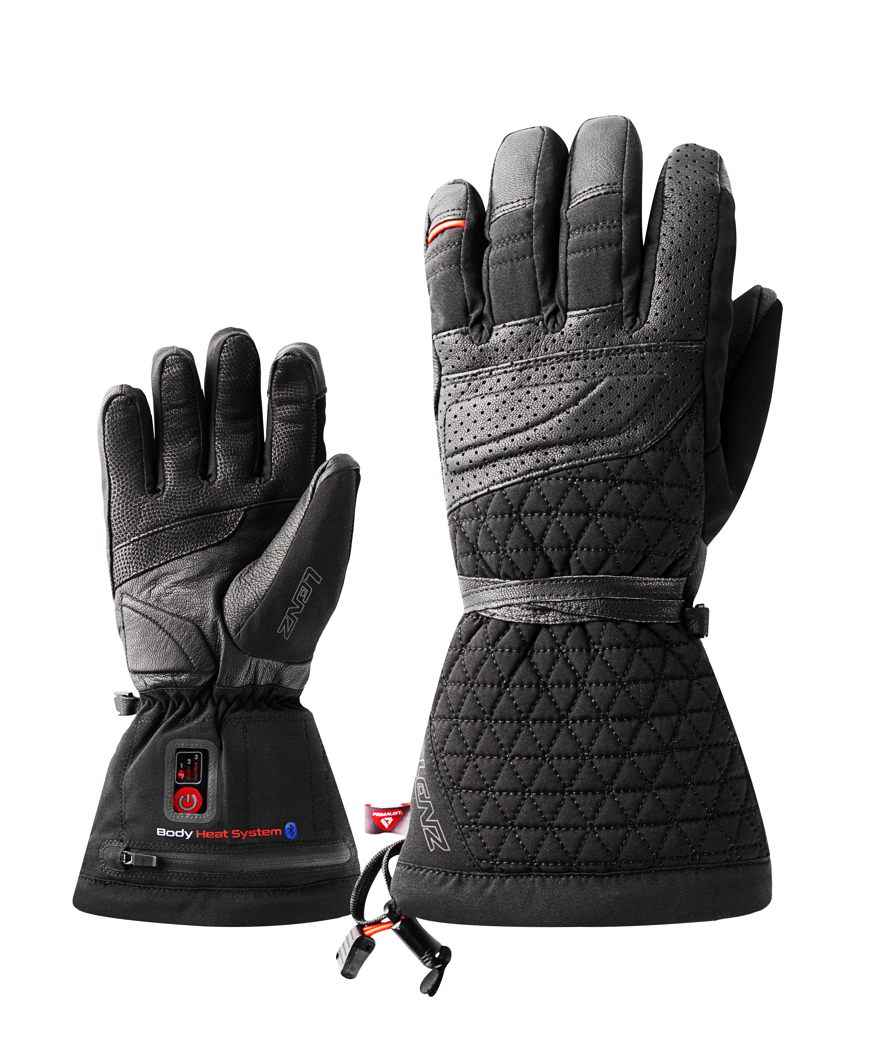 Pair of black LENZ Heat Glove 6.0 heated ski gloves with gauntlet cuffs and quilted backs, front view