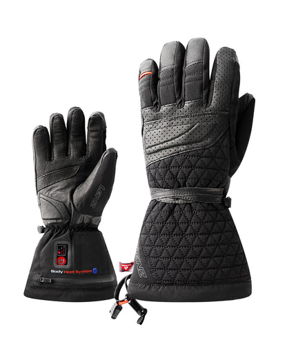 Pair of black LENZ Heat Glove 6.0 heated ski gloves with gauntlet cuffs and quilted backs, front view