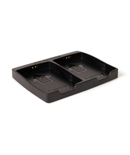 Black LENZ rcB 1400 twin charging cradle, empty, angled view showing both battery bays