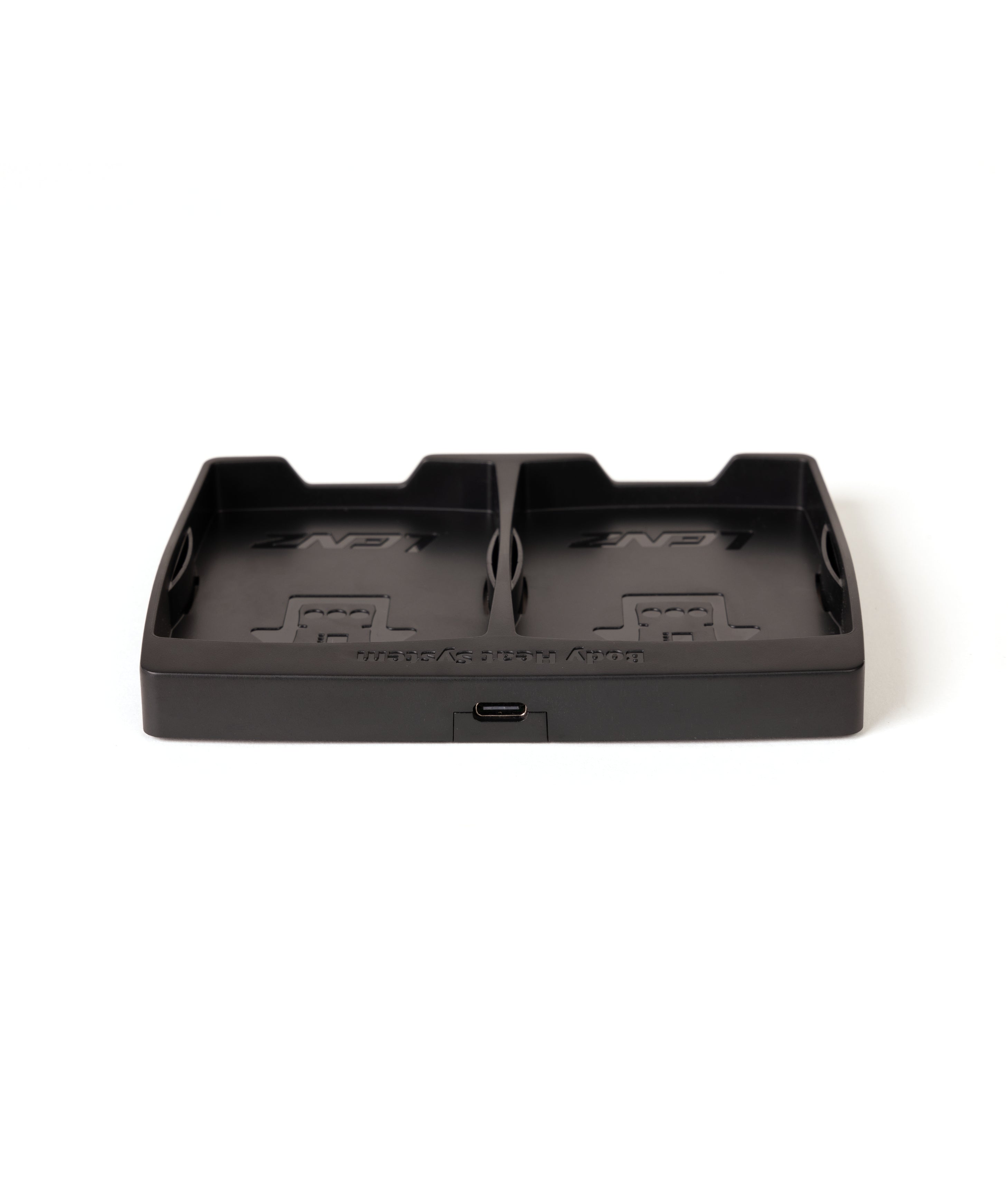 Black LENZ rcB 1400 twin charging cradle, empty, with a USB-C port, top view