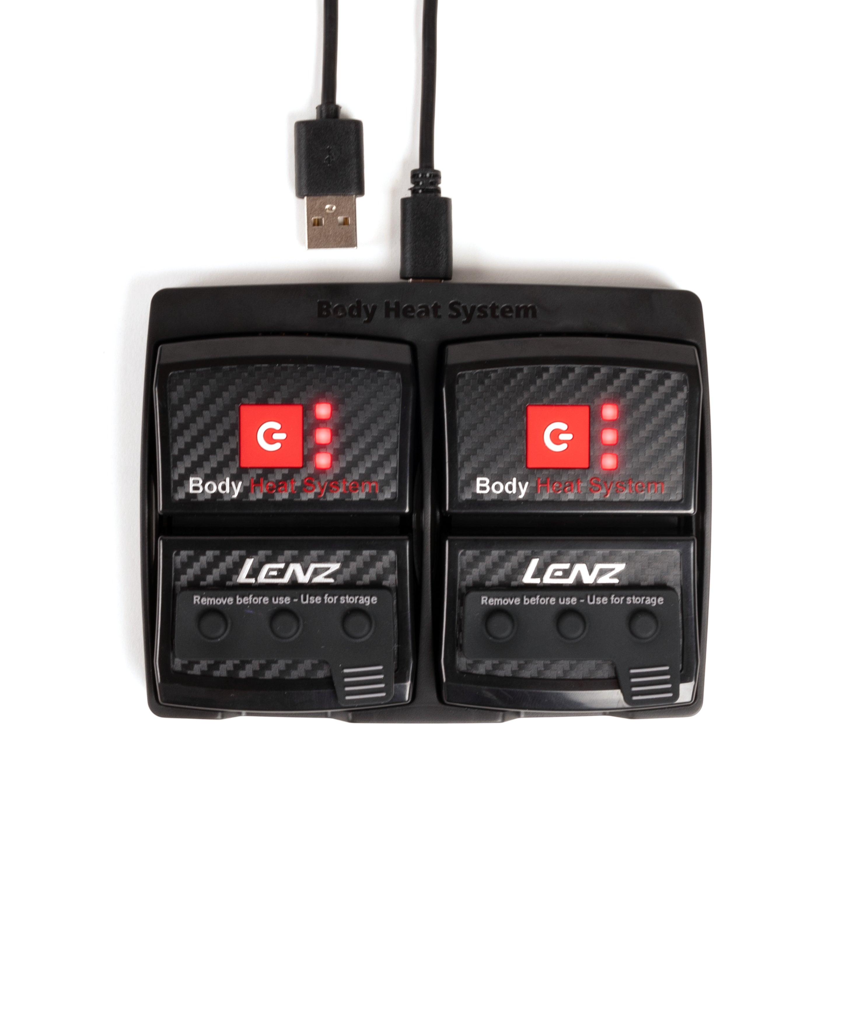 Two black LENZ rcB 1400 battery packs with red power buttons and lit LED levels, USB cable, top view