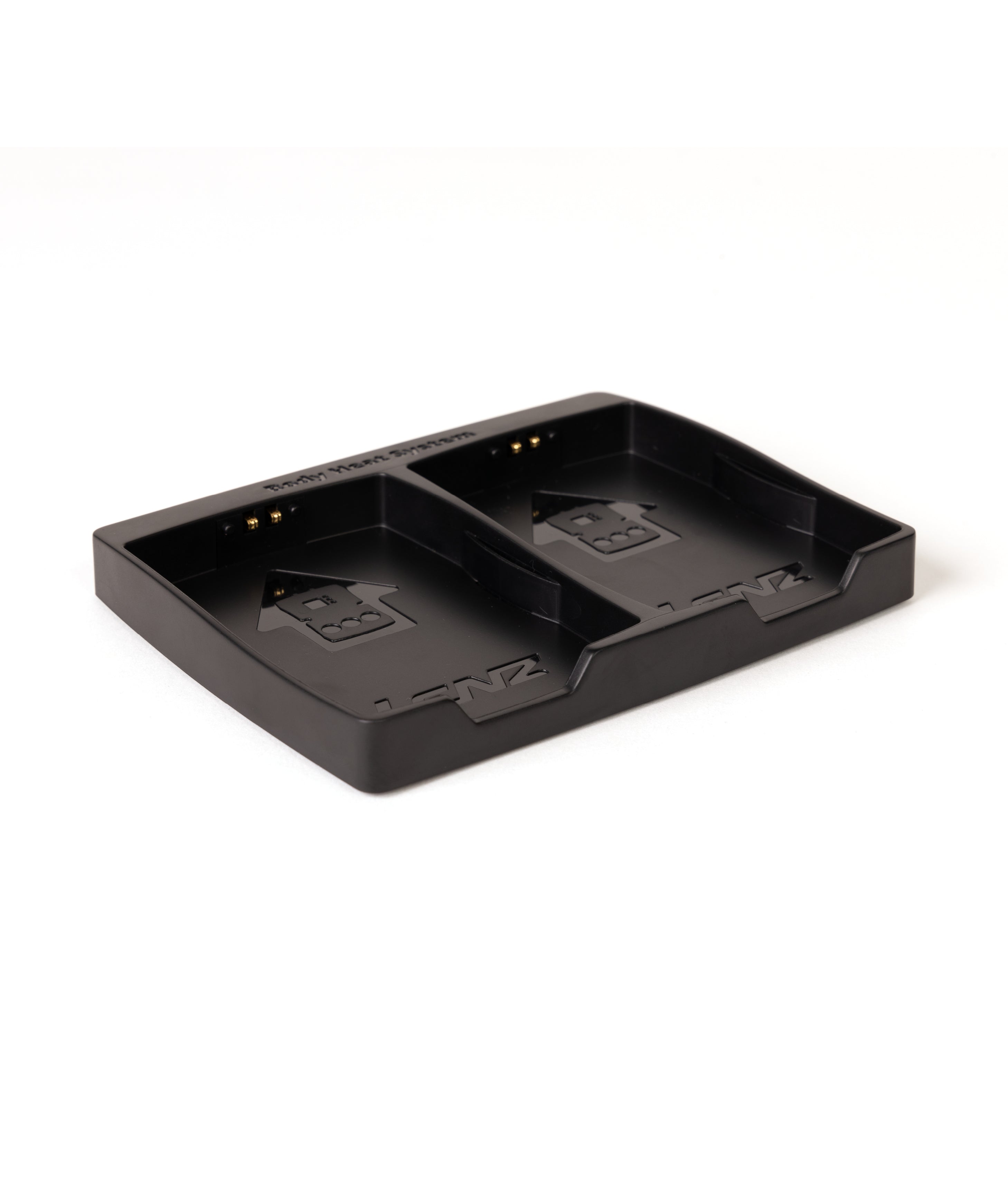 Black Lenz rcB 2000 twin charging cradle showing contact pins in both bays, angled view
