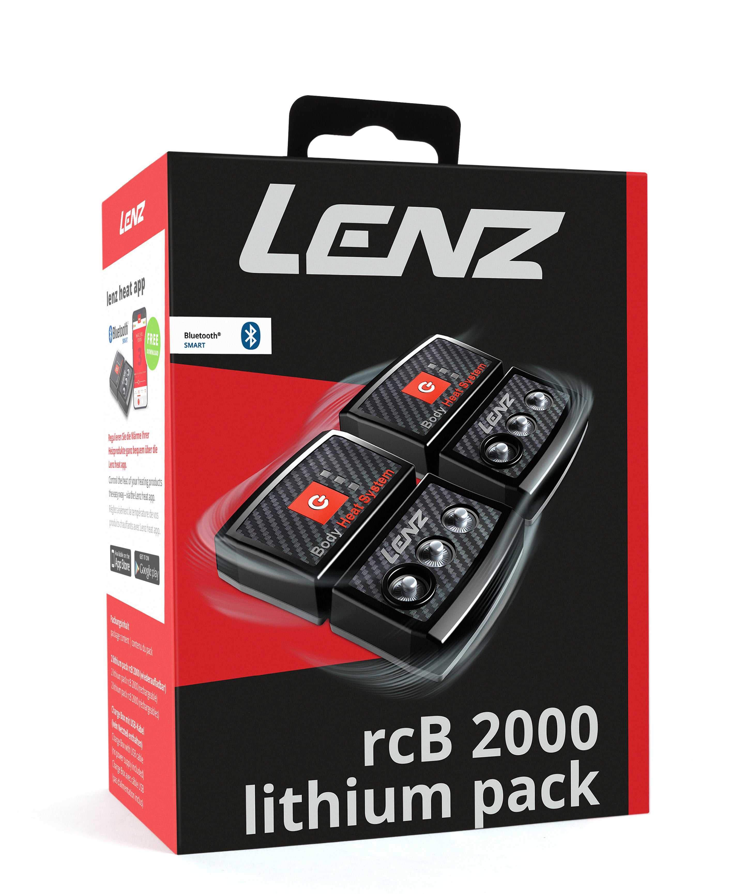 Black and red Lenz rcB 2000 lithium pack retail box with Bluetooth Smart logo, front view