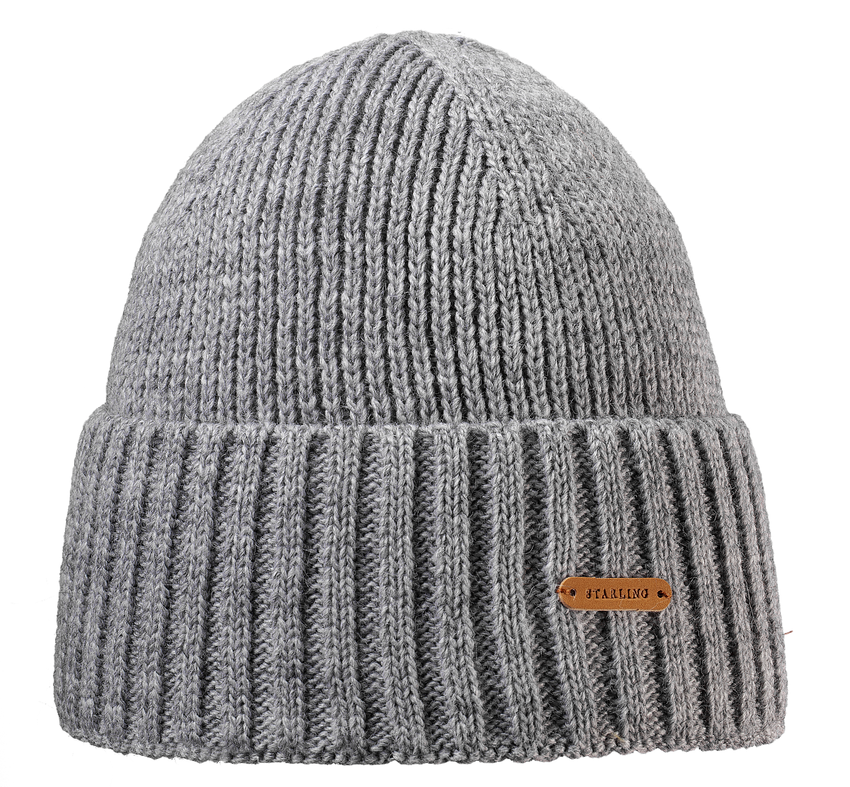 Grey Starling Buddy ribbed wool beanie with a brown leather logo label, no pompom