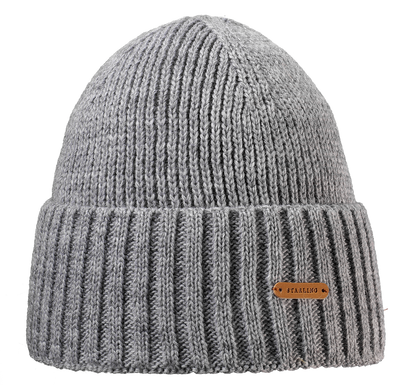 Grey Starling Buddy ribbed wool beanie with a brown leather logo label, no pompom