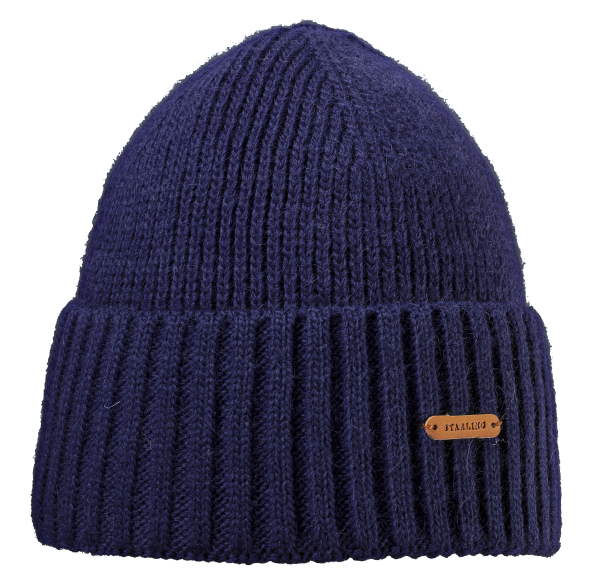 Navy Starling Buddy ribbed wool beanie with a brown leather logo label, no pompom