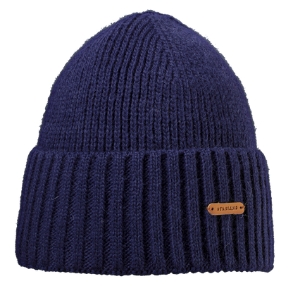 Navy Starling Buddy ribbed wool beanie with a brown leather logo label, no pompom