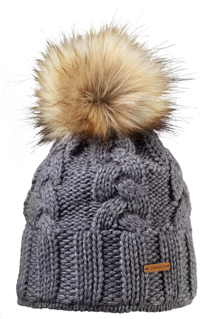 Dark grey Starling Desna cable-knit beanie with a fur pompom