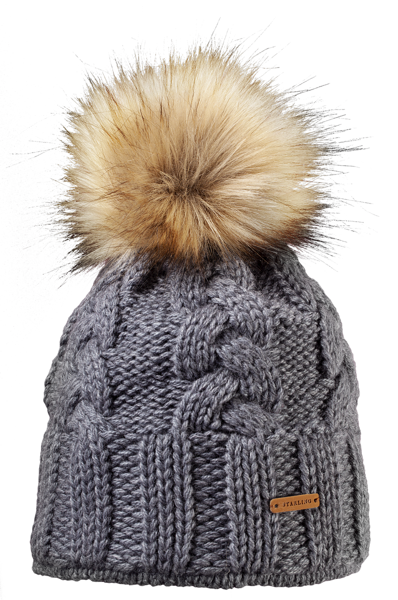 Dark grey Starling Desna cable-knit beanie with a fur pompom