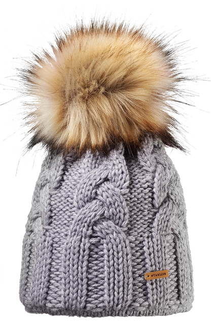Grey Starling Desna cable-knit beanie with a fur pompom