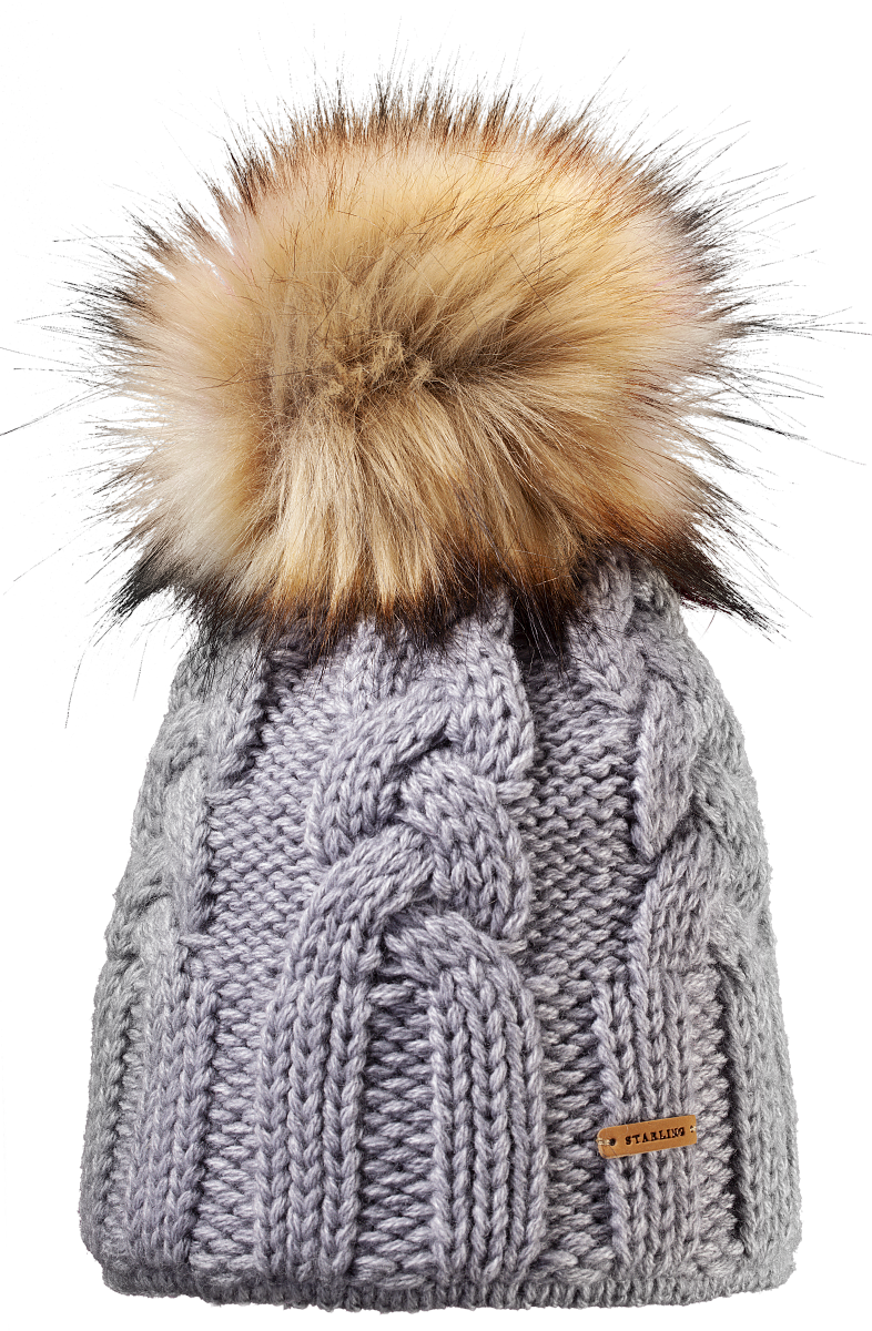 Grey Starling Desna cable-knit beanie with a fur pompom