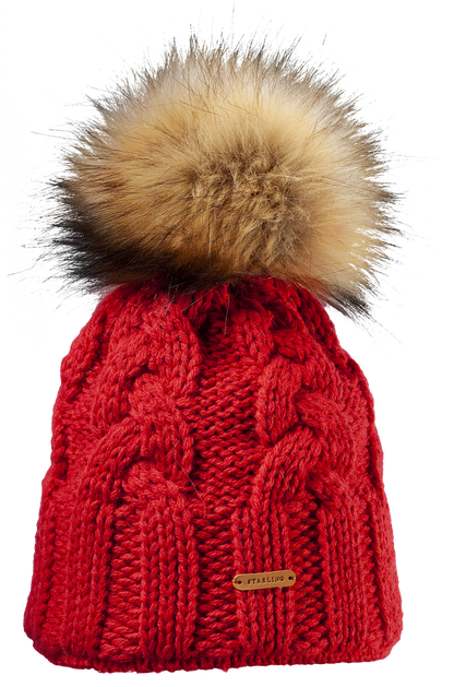 Red Starling Desna cable-knit beanie with a fur pompom