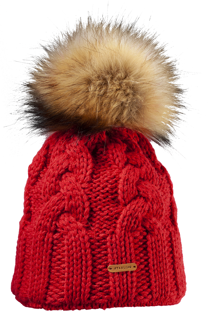 Red Starling Desna cable-knit beanie with a fur pompom
