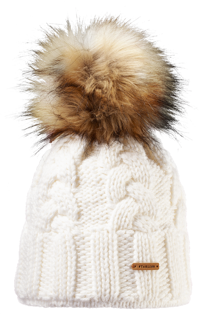 White Starling Desna cable-knit beanie with a fur pompom