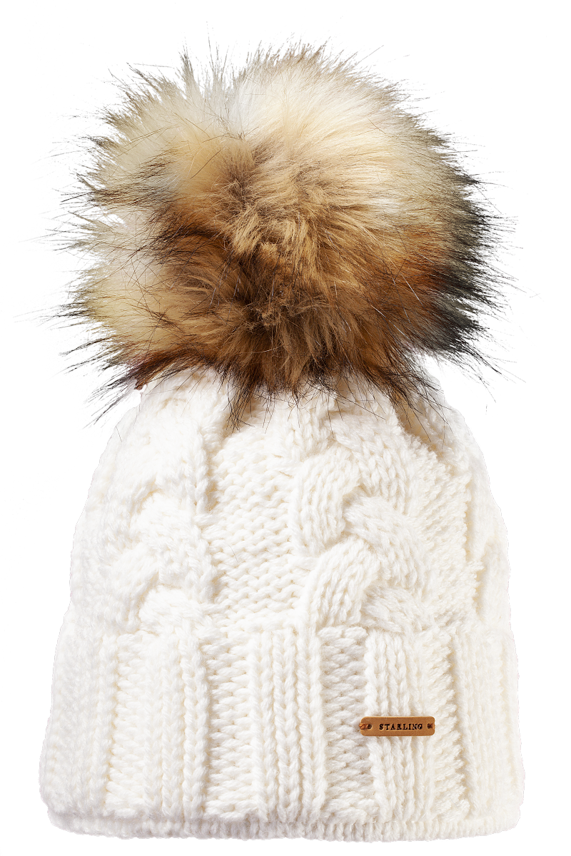 White Starling Desna cable-knit beanie with a fur pompom