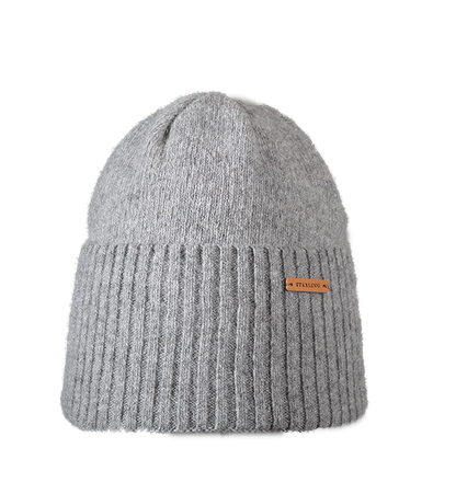 Grey Starling Madison ribbed wool beanie with a small brown leather logo label