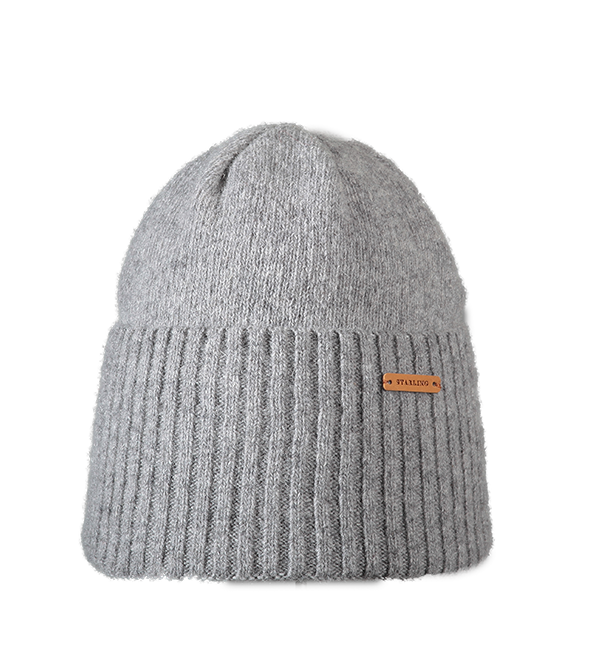 Grey Starling Madison ribbed wool beanie with a small brown leather logo label