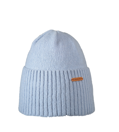 Pastel blue Starling Madison ribbed wool beanie with a small brown leather logo label, no pompom