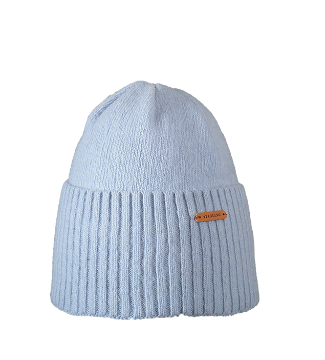 Pastel blue Starling Madison ribbed wool beanie with a small brown leather logo label, no pompom