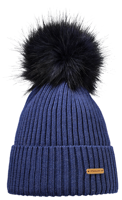 Navy blue Starling Neil merino wool ribbed beanie with a removable dark fur pompom