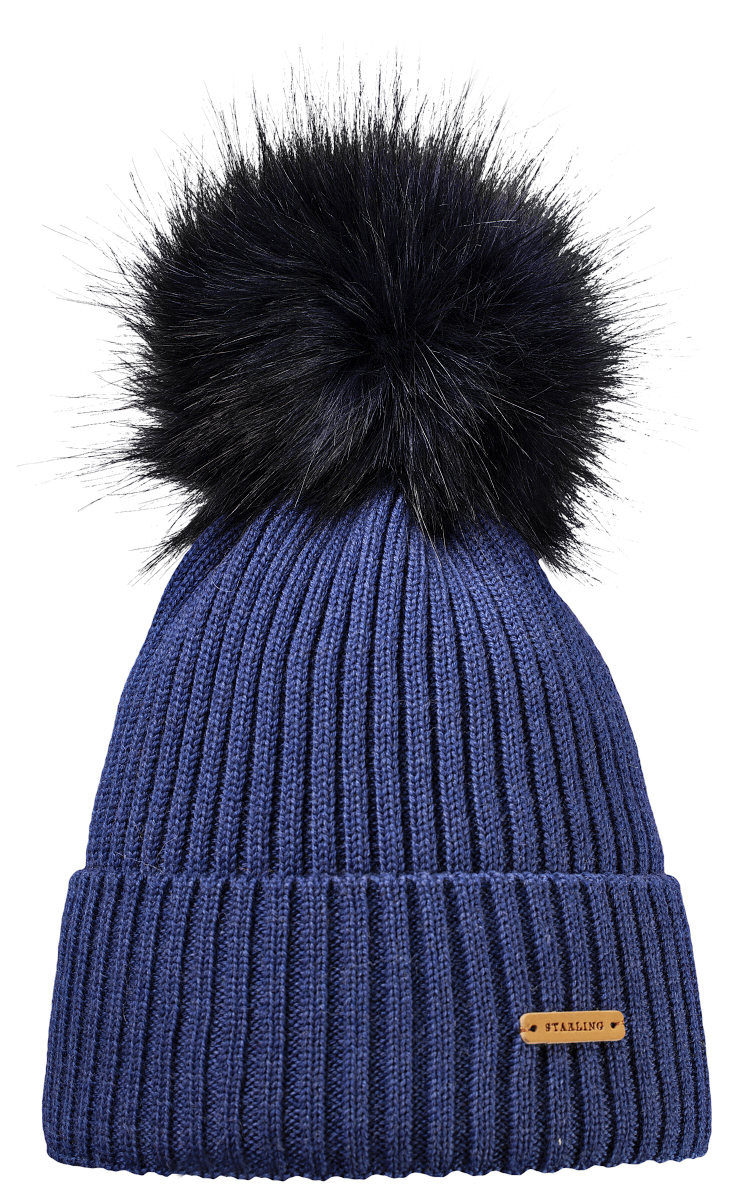 Navy blue Starling Neil merino wool ribbed beanie with a removable dark fur pompom