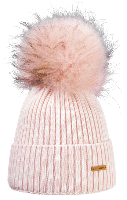 Blush pink Starling Neil merino wool ribbed beanie with a removable pink fur pompom