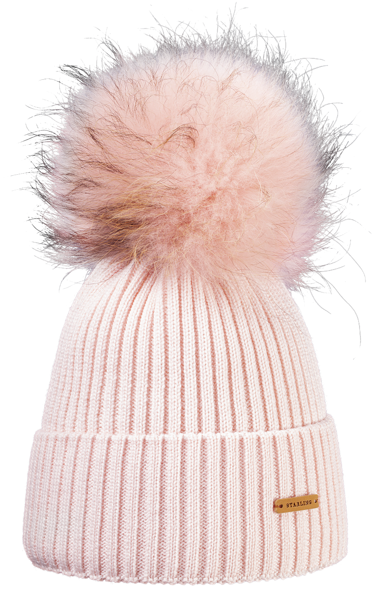 Blush pink Starling Neil merino wool ribbed beanie with a removable pink fur pompom