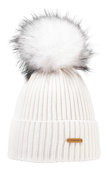 White Starling Neil merino wool ribbed beanie with a removable white fur pompom